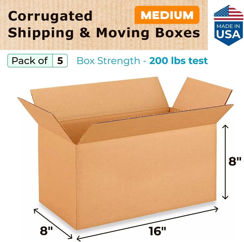 IDL Packaging Medium Moving & Shipping Boxes 16 x 8 x 8 inches (5-Pack) - Extra Strength 200 lb vs Regular - Corrugated Strong Cardboard Boxes Moving and Delivering - Square Box - Cartons Box by IDL Packaging - Image 2